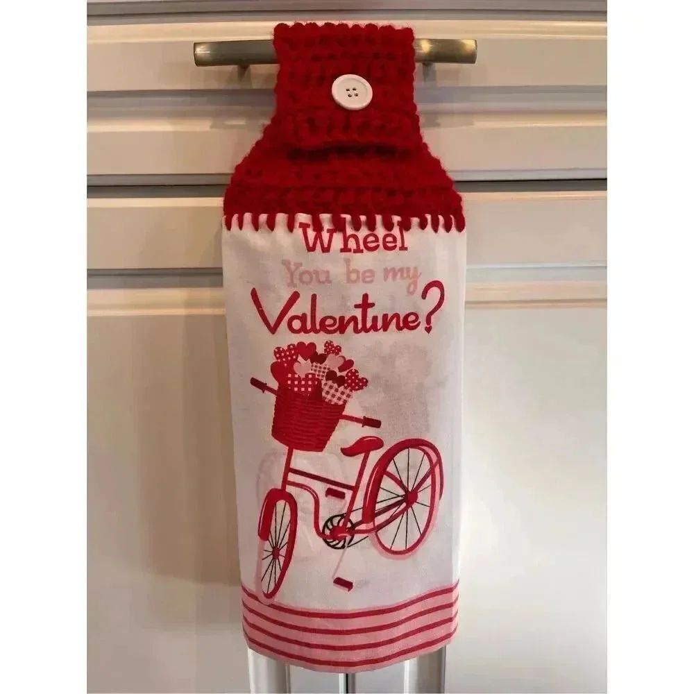 Crochet Top Kitchen Towel- Wheel You Be My Valentine/Bicycle